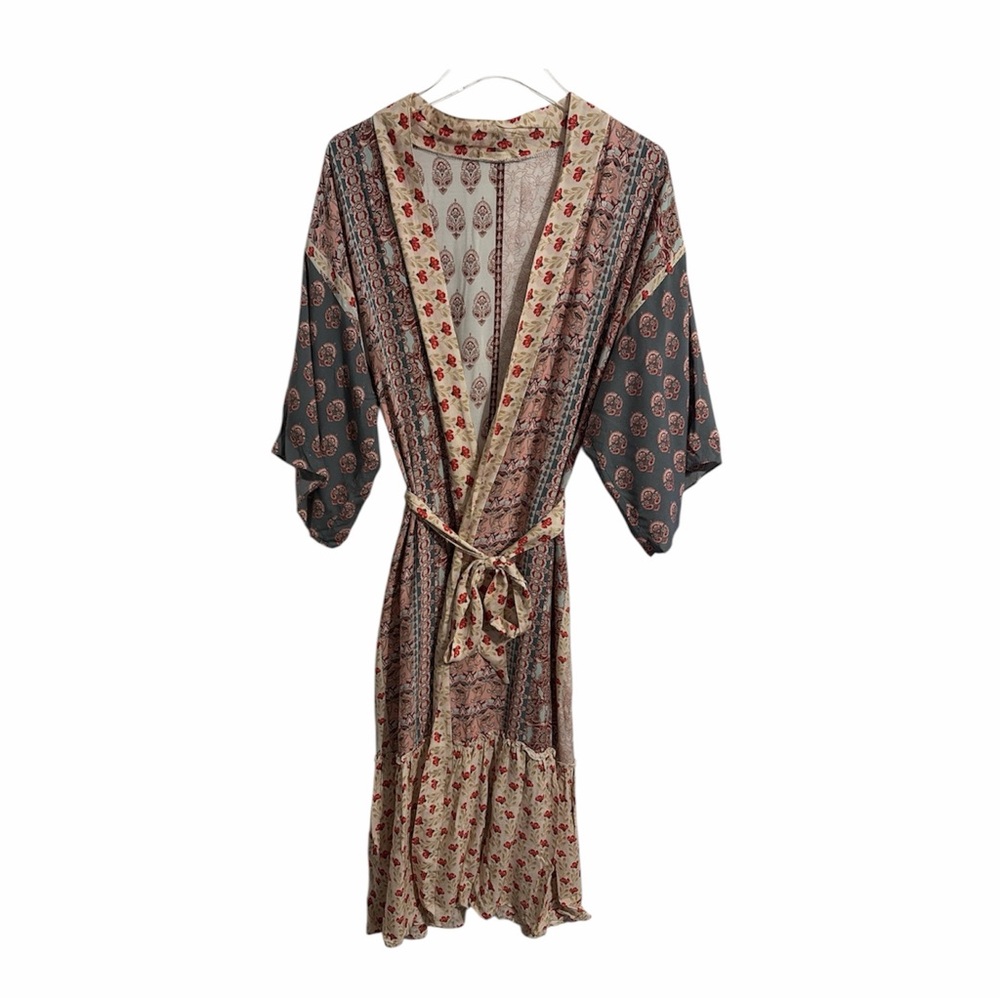 LoveStitch Multiprint Kimono Style Belted Duster Boho Ruffle Country Floral
